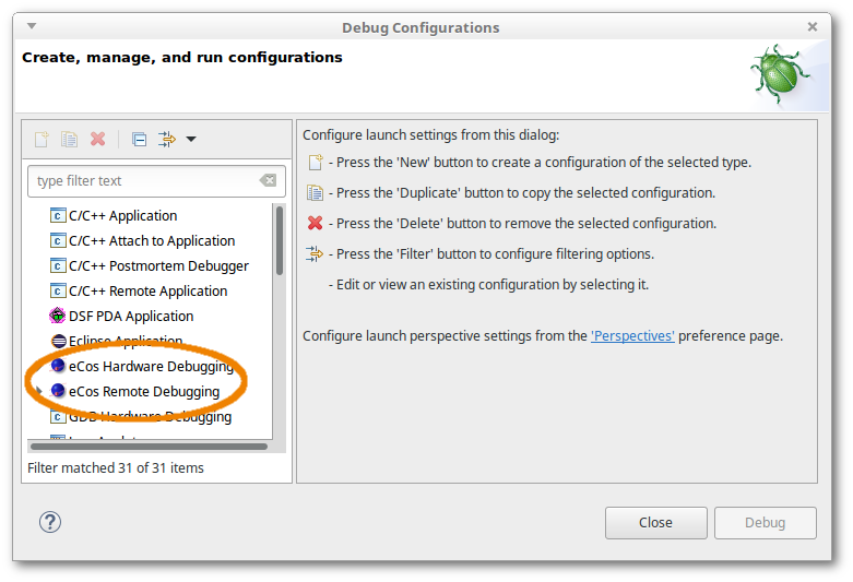 eCos launch configurations