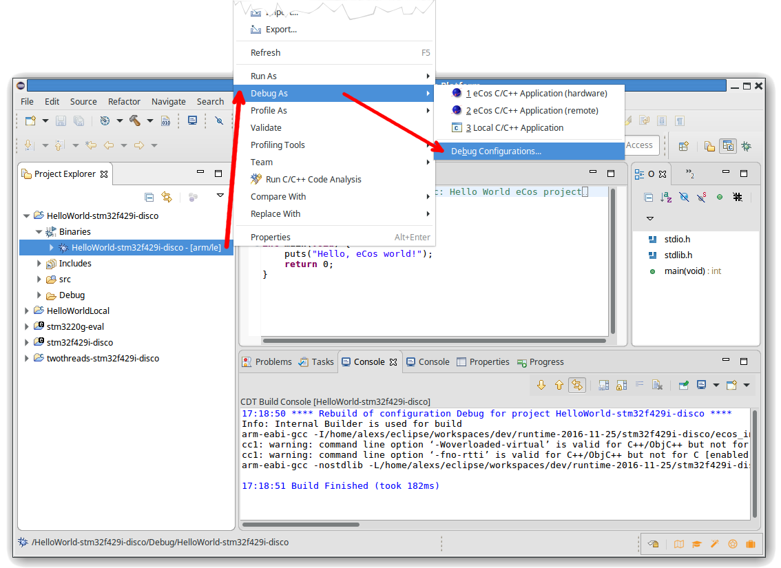 Selecting eCos launch configuration types