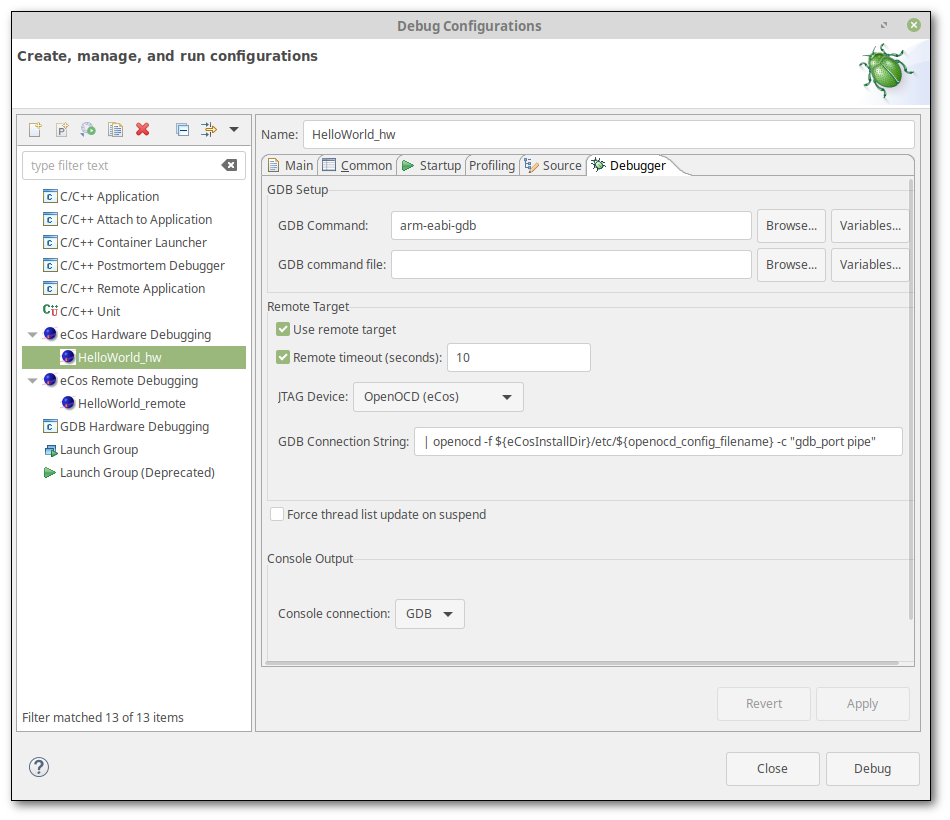 eCos Hardware Debugging dialog