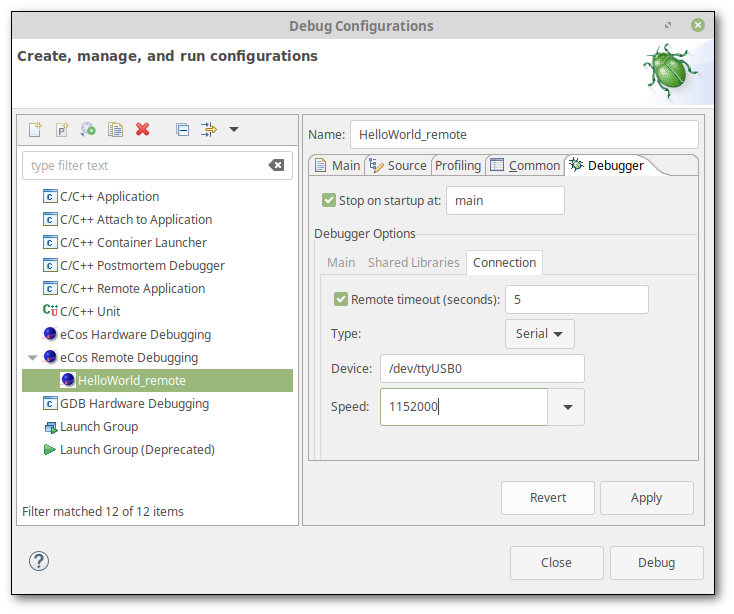 eCos Remote Debugging dialog