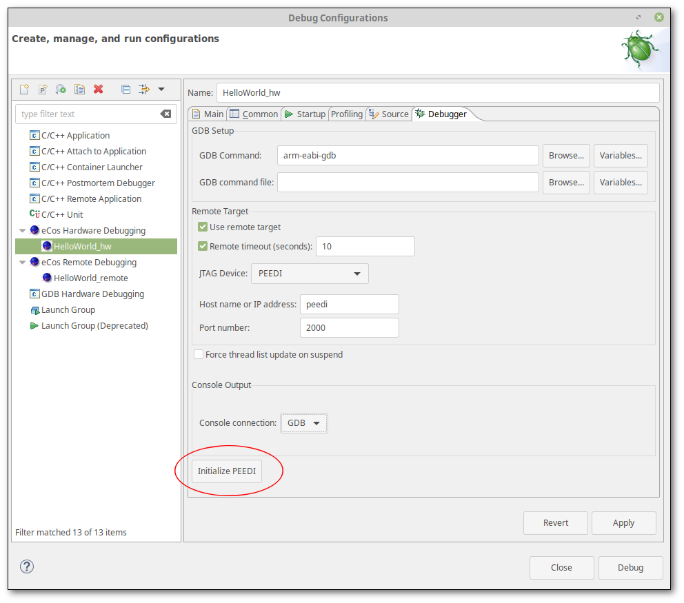 PEEDI Hardware Debugging launch configuration