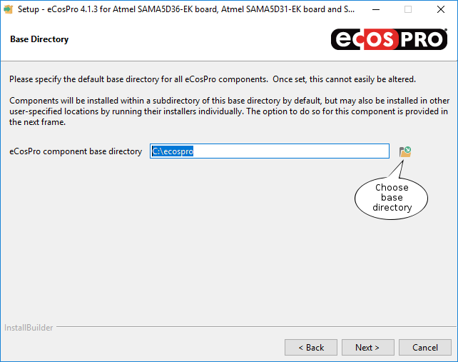 eCosPro component base directory screen