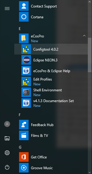 eCosPro Menu Group on Windows 10