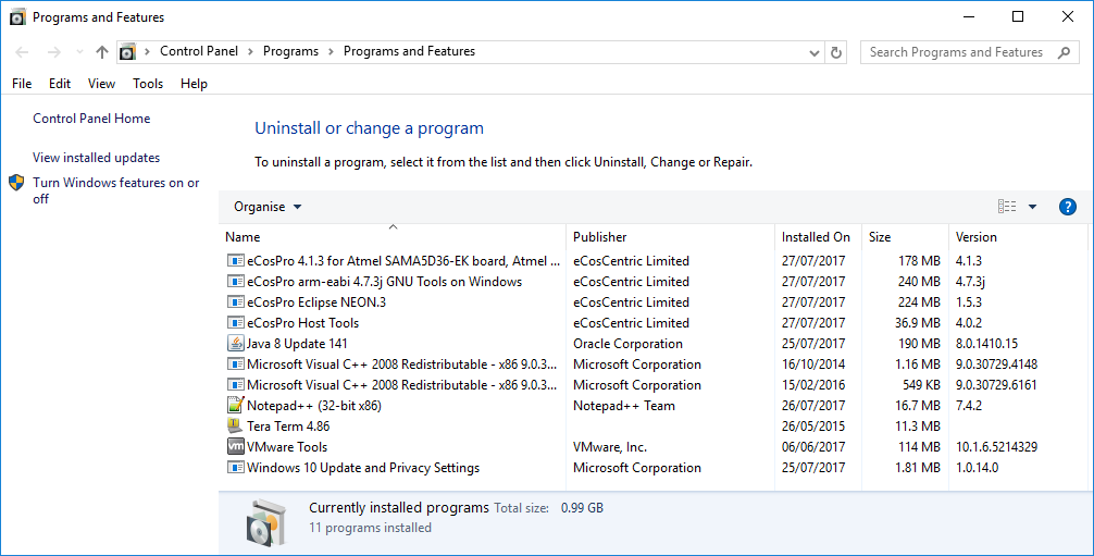 Programs and Features on Windows 10