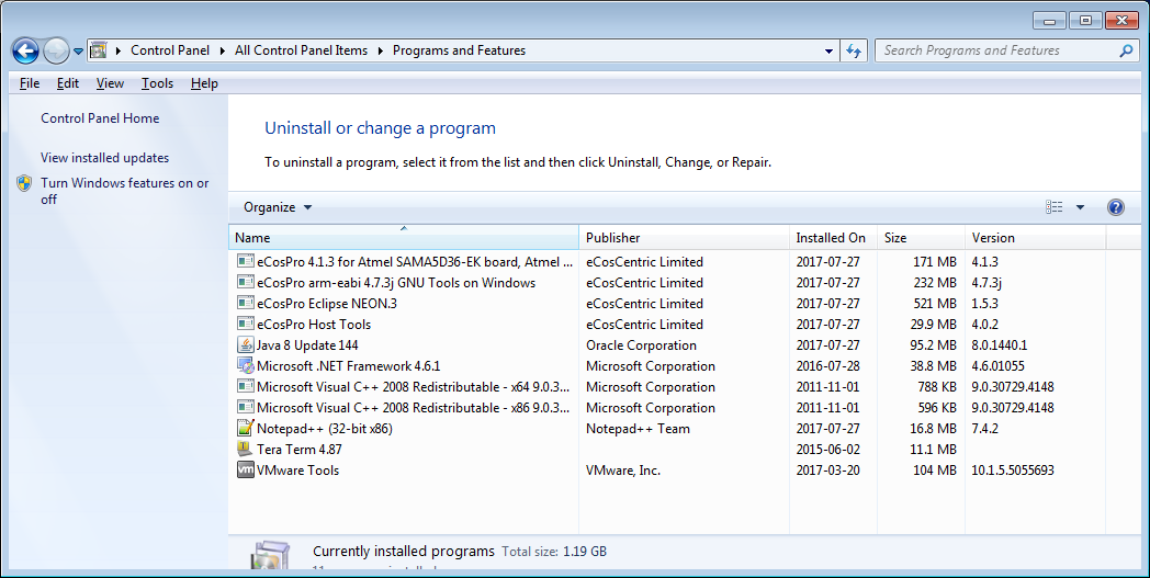 Programs and Features on Windows 7